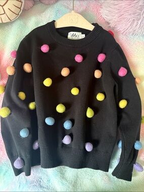 Lola + The Boys Black Crewneck Sweater with Colorful Pom-Poms